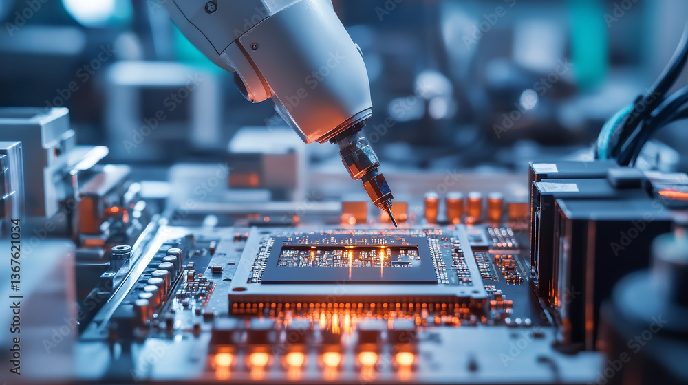 Poster circuit board with advanced microchip on assembly line. electronics manufacturing facility or factor