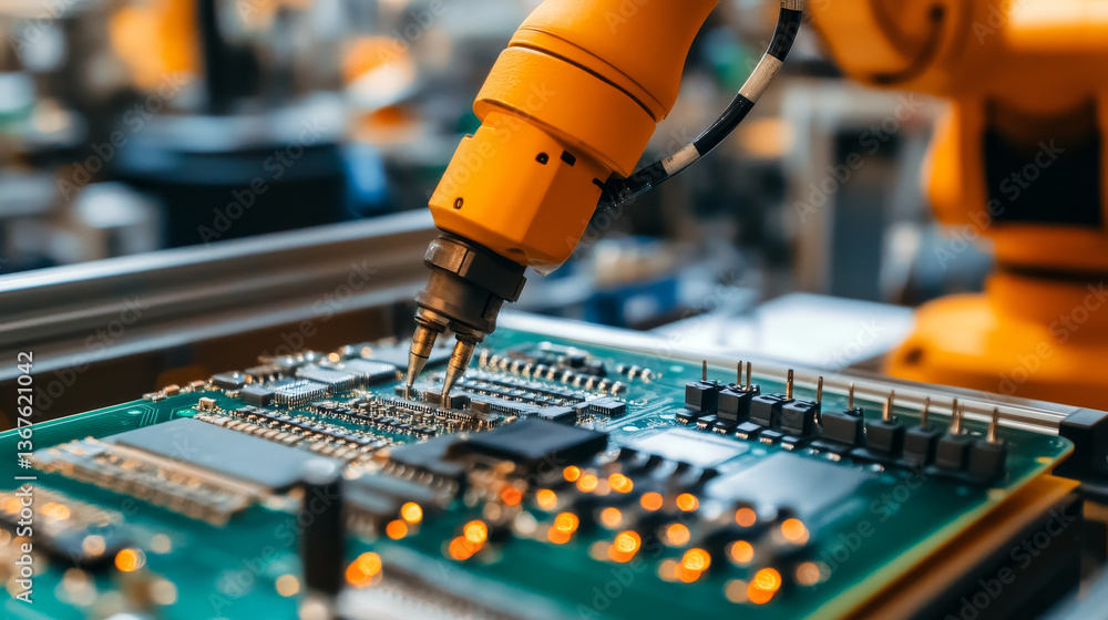 Poster advanced high precision robot arm inside electronics factory. component installation on black circui