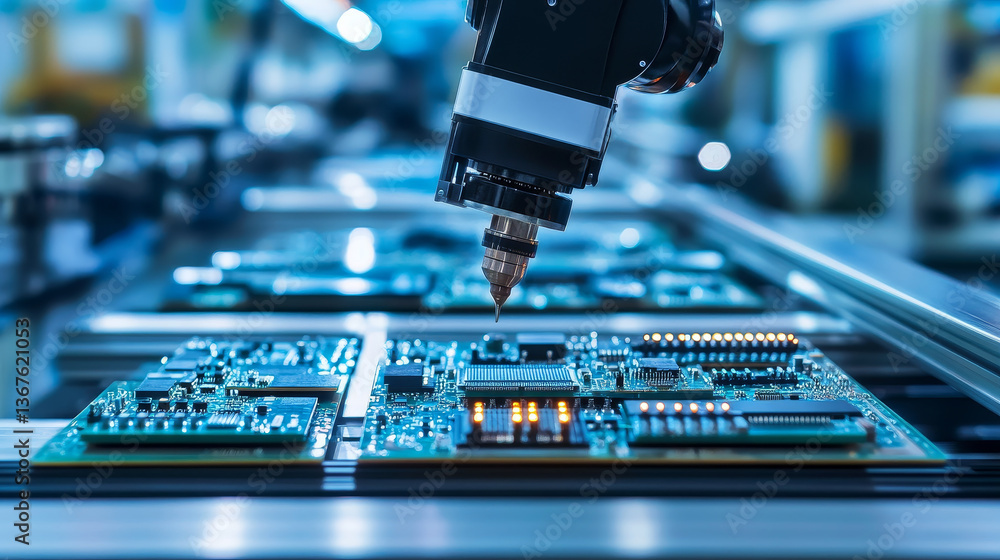 Poster advanced high precision robot arm inside electronics factory. component installation on black circui