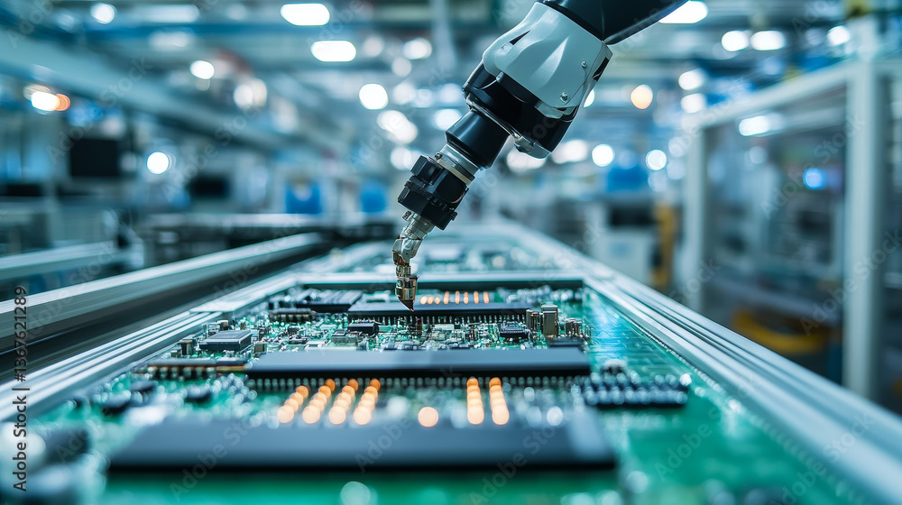 Poster advanced high precision robot arm inside electronics factory. component installation on black circui