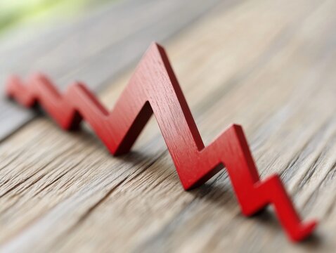 Economic downturn illustration with declining red arrow on wood, symbolizing recession, losses, and negative growth