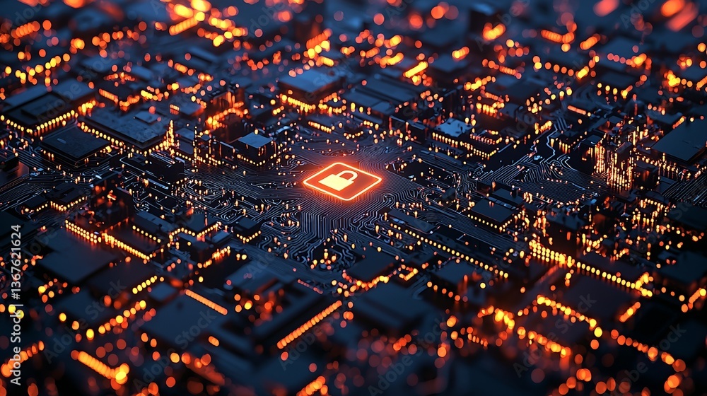 Poster a computer motherboard is depicted with a padlock, symbolizing the security of data and the concept 