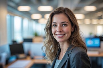 Bright Office Blurred Portrait Capturing Charm and Elegance