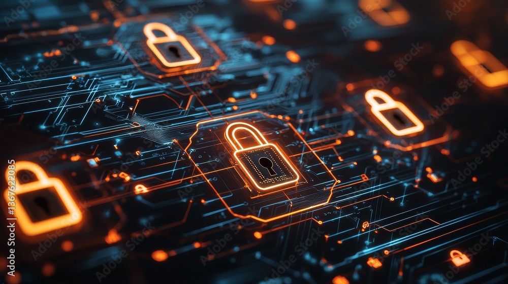 Poster cybersecurity and data protection are represented by digital connections and padlocks in network sys