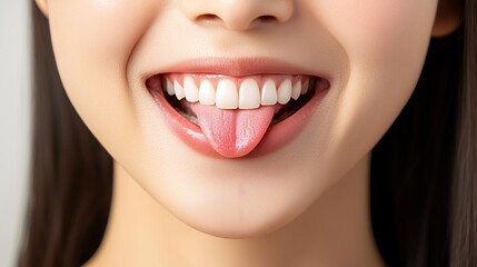 Obraz premium Close-up of a smiling woman showing her teeth and sticking out her tongue, conveying playfulness and happiness.