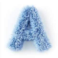 A 3D fluffy letter A in deep blue with a fine, soft fur texture, resembling snowflakes, with individual strands visible, set against a clean white background