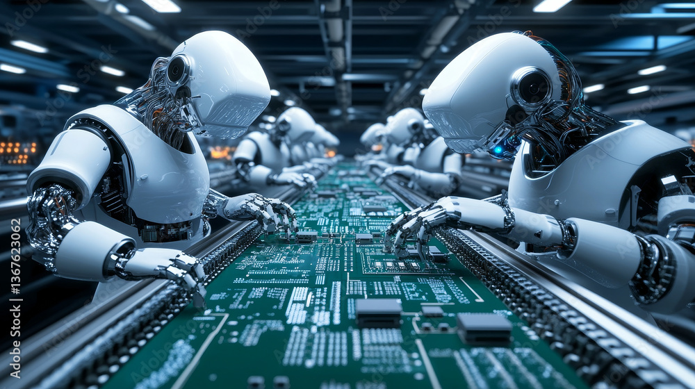 Poster printed circuit board with advanced processing unit. conveyor on electronics factory. electronic dev