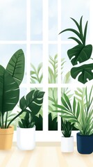 Obraz premium Lush Green Houseplants in Bright Sunlight by Window
