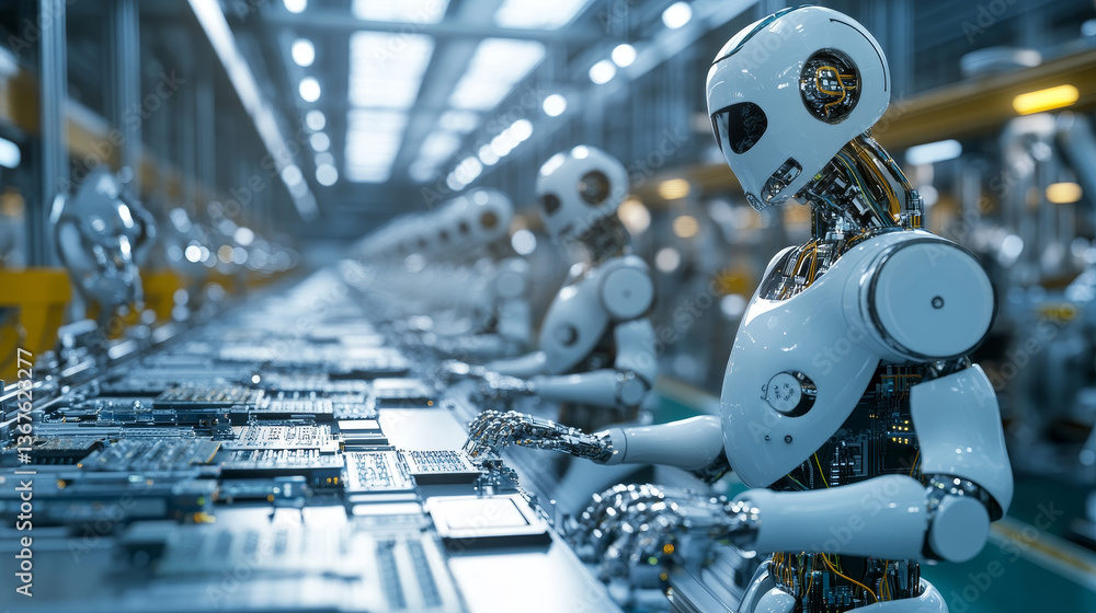 Poster printed circuit board with advanced processing unit. conveyor on electronics factory. electronic dev
