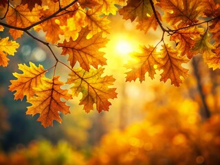Obraz premium Golden Fall Leaves on Tree Branch, Autumn Nature Background