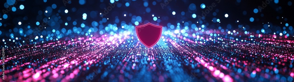 Poster abstract technology lines on a digital shield represent cybersecurity and data protection, with the 
