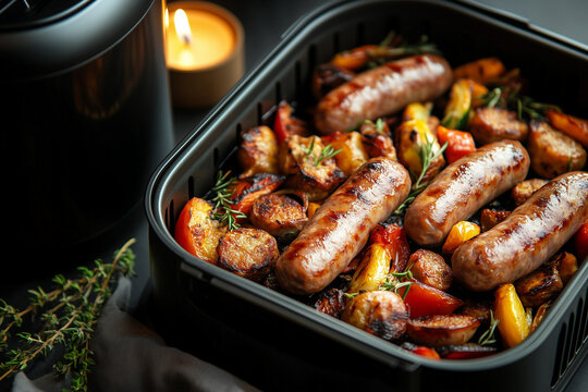 Juicy sausages roasting with colorful grilled vegetables in an air fryer, creating a delicious and healthy homemade meal with a cozy candlelit ambiance