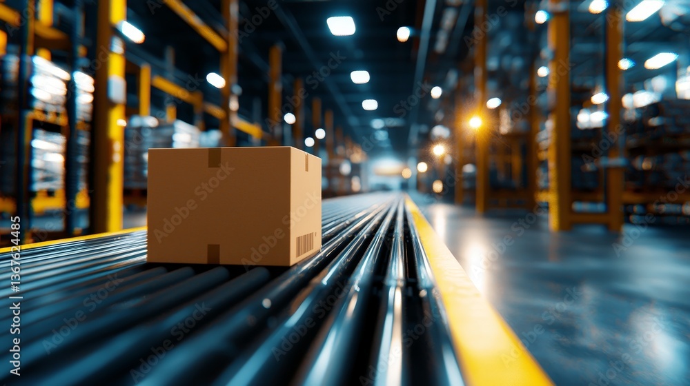 Aufkleber a factory scene featuring machines that wrap and label products on the assembly line