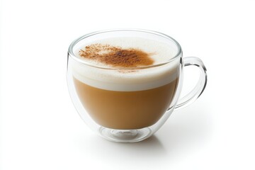 Obraz premium A steaming cup of cappuccino artfully presented in a clear glass on a minimalist table setting isolated on transparent background