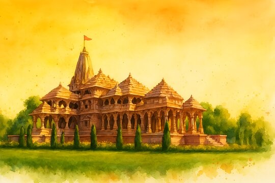 Watercolor illustration of shri ram mandir temple