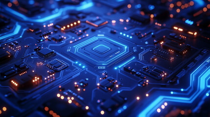 Obraz premium Unique digital circuit board with glowing lights in shades of blue and orange highlighting intricate connections and details Generative AI
