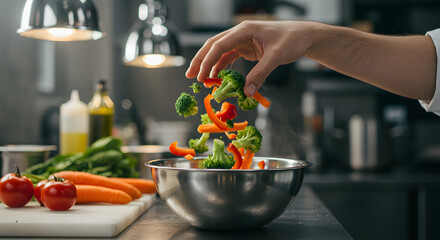 Naklejka premium Close-Up of Hands Tossing Fresh Salad with Colorful Vegetables in Metal Bowl