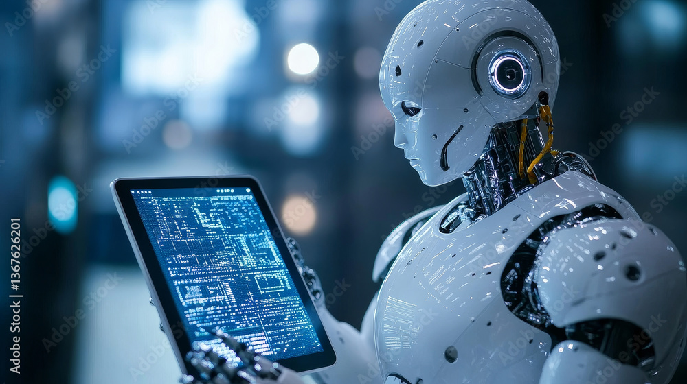 Poster 3d rendering humanoid robot working with digital tablet