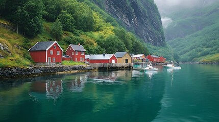 Exploring Red Fishing Cabins Along Calm Fjord Waters of Norway