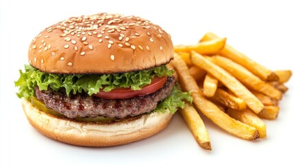 Classic Hamburger with French Fries on a White Background Close Up