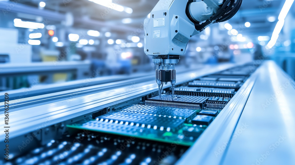 Poster automatic pick and place machine quickly installs components on generic circuit board. electronics a