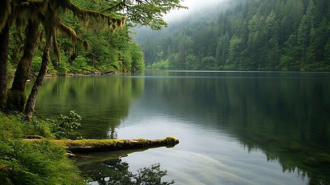 Still Lake Surrounded by Lush Green Forest and Foggy Mountains