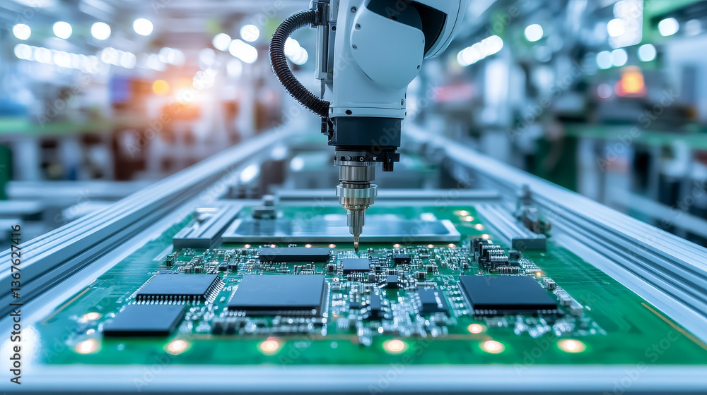 Poster automatic pick and place machine quickly installs components on generic circuit board. electronics a