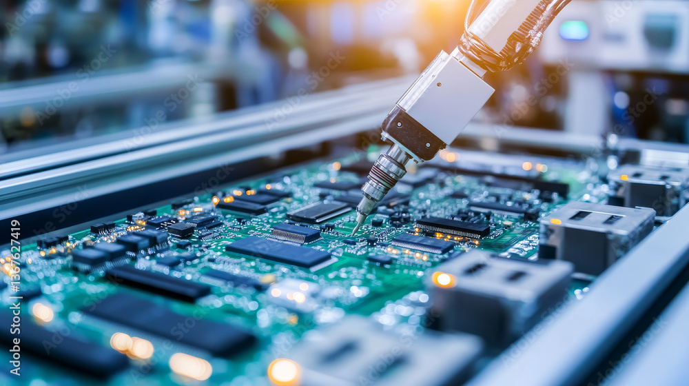 Poster automatic pick and place machine quickly installs components on generic circuit board. electronics a