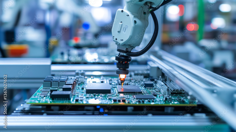 Poster automatic pick and place machine quickly installs components on generic circuit board. electronics a