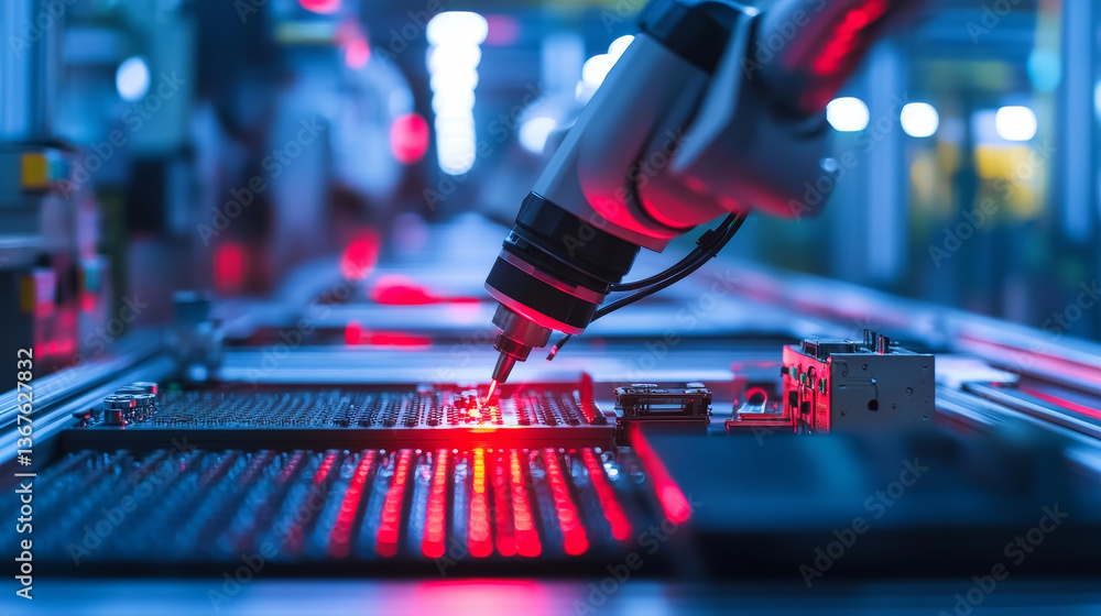Poster automatic pick and place machine quickly installs components on circuit board. electronics and circu