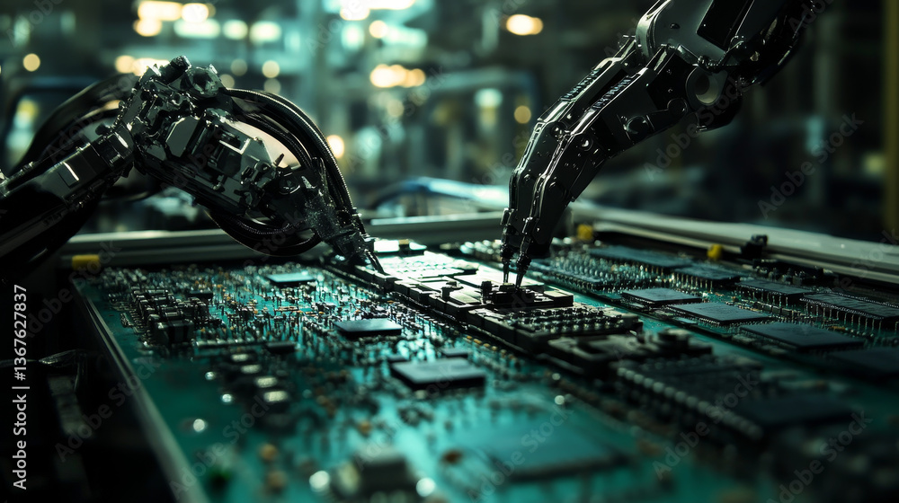 Poster automatic pick and place machine quickly installs components on circuit board. electronics and circu