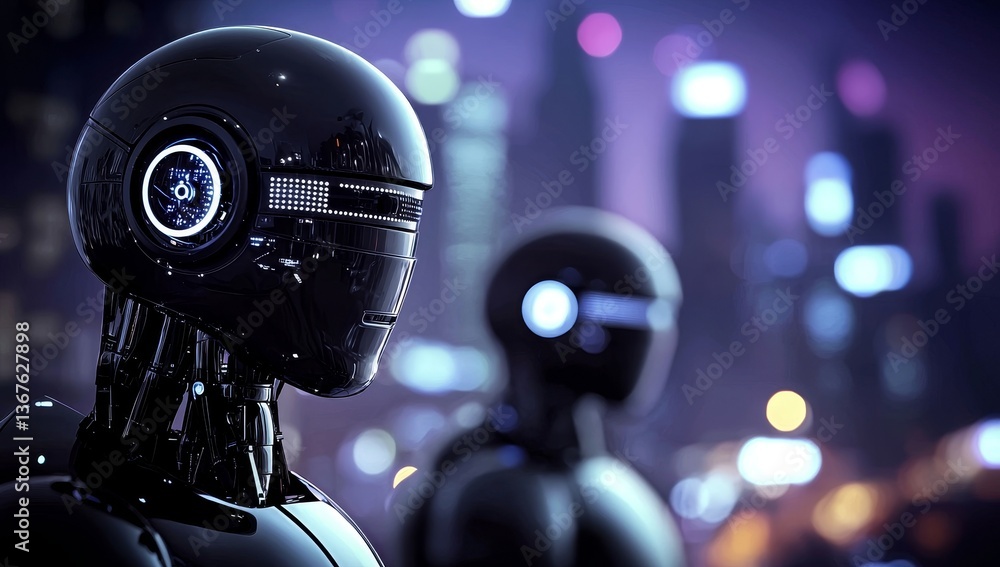 Poster the office features sky-fi robots, which include three black shiny android robots, along with a fant