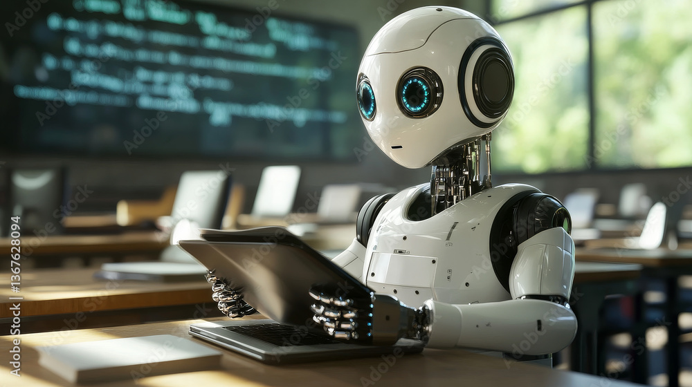 Poster isometric science teacher bot concept. artificial intelligence, knowledge expertise intelligence lea