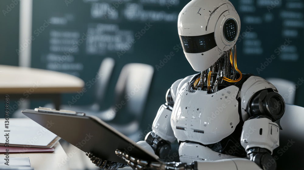 Poster isometric science teacher bot concept. artificial intelligence, knowledge expertise intelligence lea