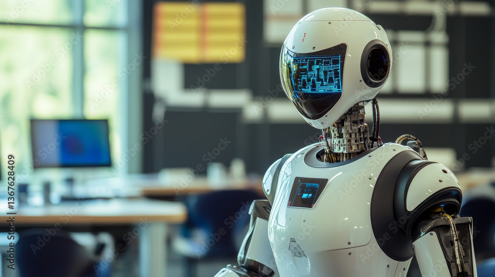 Poster isometric science teacher bot concept. artificial intelligence, knowledge expertise intelligence lea