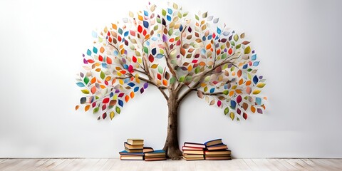 A tree made of books, against a white background, with a colorful, simple, and elegant 