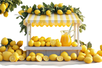 A Charming Lemonade Stand Overflowing With Sunshine-yellow Lemons, Freshly Squeezed Juice, And A Cheerful Striped Awning, Creating A Vibrant Summer Scene Isolated on Transparent Background