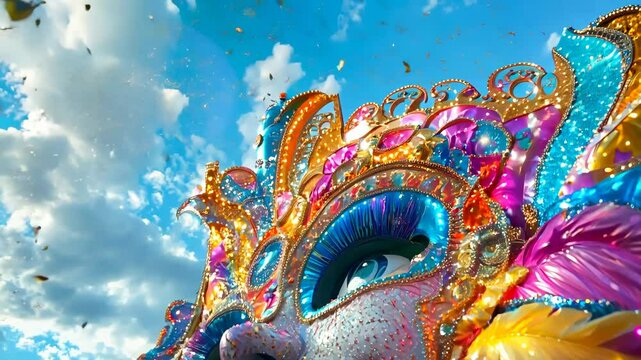 Colorful ornate carnival mask float with confetti against blue sky