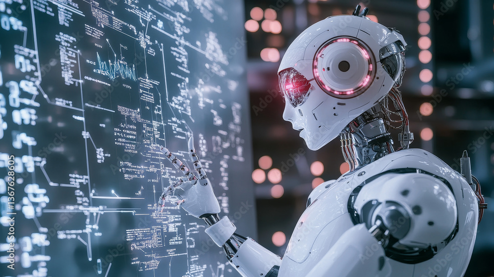 Poster isometric science teacher bot concept. artificial intelligence, knowledge expertise intelligence lea