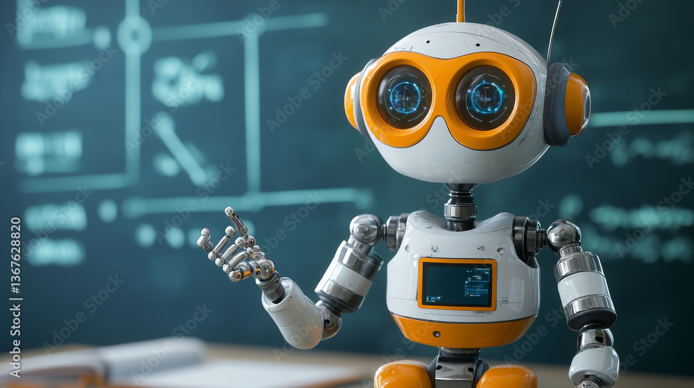 Poster isometric science teacher bot concept. artificial intelligence, knowledge expertise intelligence lea