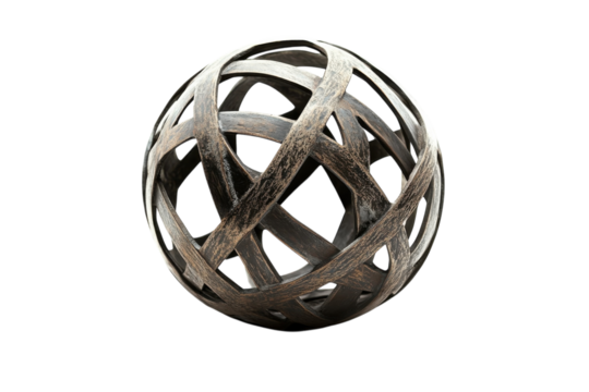 Elegant wooden sphere with intricate woven design displayed on a minimalist backdrop isolated on transparent background