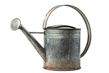 Rustic watering can nestled in sunlight, showcasing its vintage charm and weathered details isolated on transparent background