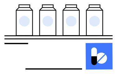 Four medicine bottles aligned on a shelf, accompanied by a blue capsule icon. Ideal for healthcare, medicine, pharmacy, drugstore, health products, medication and pharmaceutical solutions. Flat