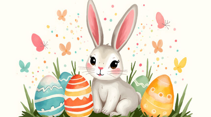 Happy easter,  egg shell, eggs, and spring flowers. Spring pastel colors illustration, watercolor Easter bunny with colorful eggs and flowers