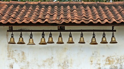 Church bells row, terracotta roof, ancient wall, tropical background, religious ceremony