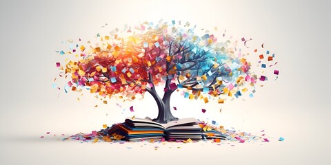 A tree made of books, white background, colorful book pages as leaves, 3D rendering, cute and dreamy style, bright colors, high resolution, high quality bokeh background