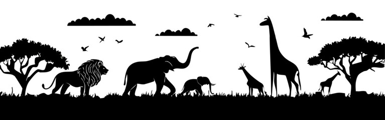 panorama set silhouette of animals in the savannah. African landscape scene vector design