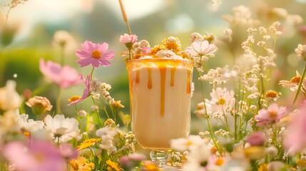 A countryside flower farm with a rustic milkshake and golden syrup drizzle