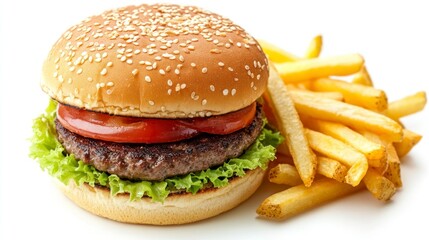 Delicious Burger with French Fries Isolated on White Background for Food Photography