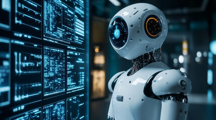 Isometric robot analyzes the database. Artificial intelligence working for big data analysis. Data analysis artificial intelligence ai with robots